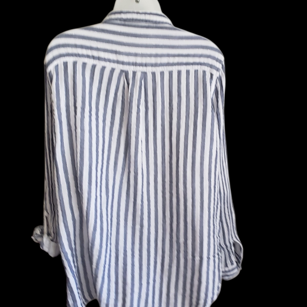 St. John's Bay Blue and White Striped Button Down Shirt - Picture 2 of 7